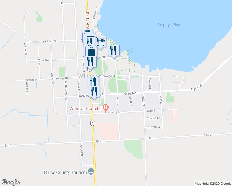 map of restaurants, bars, coffee shops, grocery stores, and more near 414 Frank Street in Wiarton