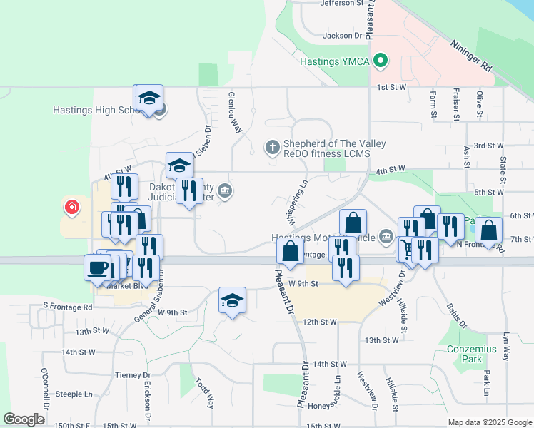 map of restaurants, bars, coffee shops, grocery stores, and more near 570 Whispering Lane in Hastings
