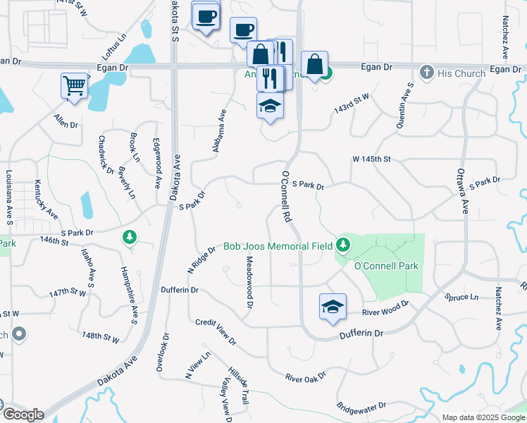 map of restaurants, bars, coffee shops, grocery stores, and more near 14574 Yosemite Avenue South in Savage