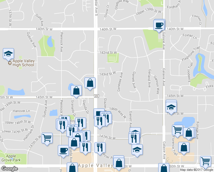 map of restaurants, bars, coffee shops, grocery stores, and more near 14437 Gladiola Court in Apple Valley