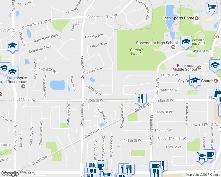 map of restaurants, bars, coffee shops, grocery stores, and more near 14401 Cormorant Way in Rosemount