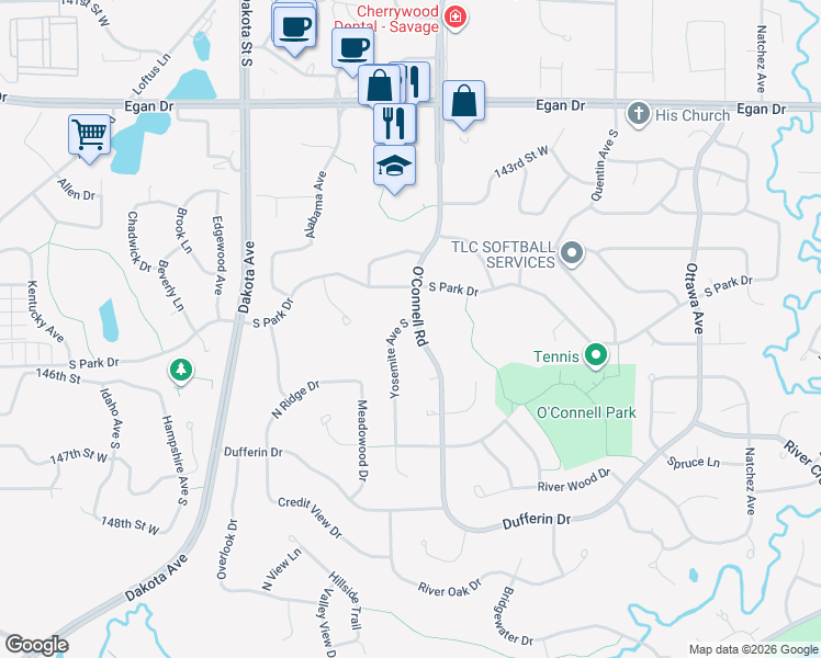 map of restaurants, bars, coffee shops, grocery stores, and more near 14537 Yosemite Ave S in Savage