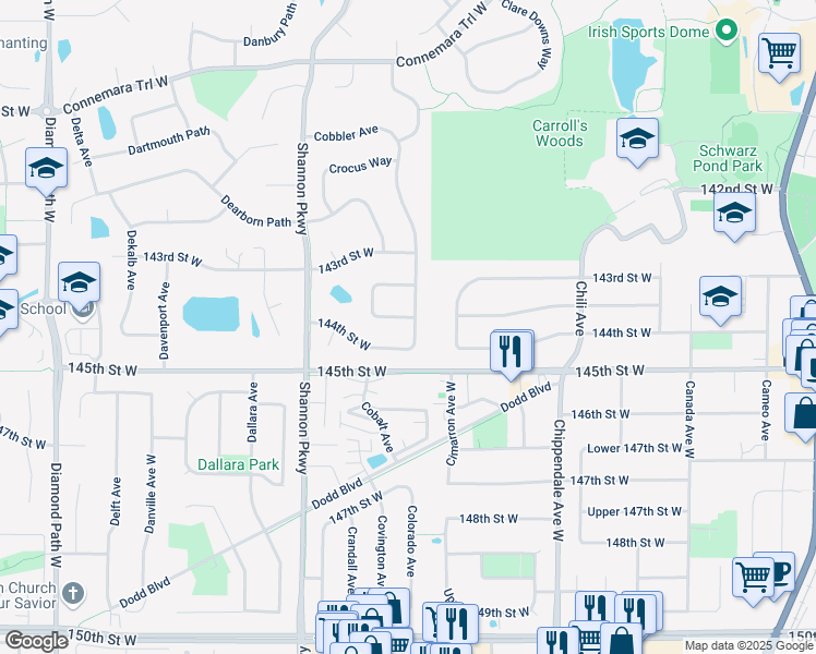 map of restaurants, bars, coffee shops, grocery stores, and more near 14401 Cormorant Way in Rosemount