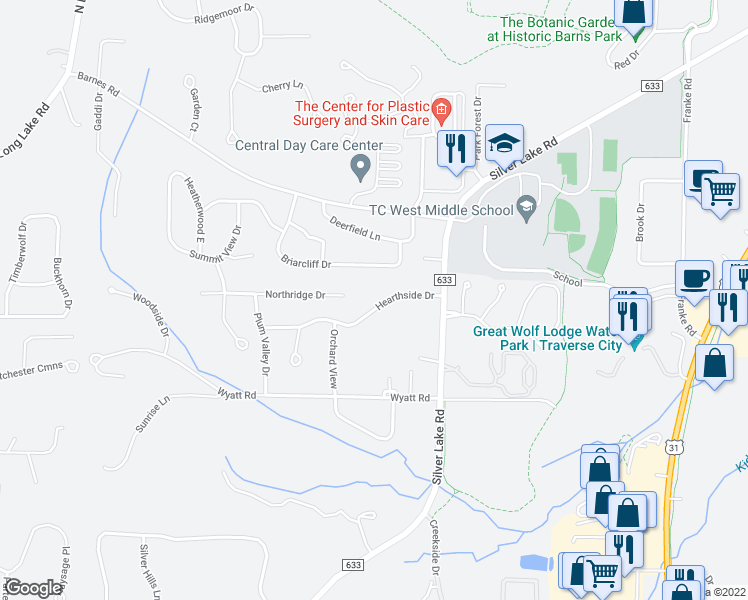 map of restaurants, bars, coffee shops, grocery stores, and more near 4170 Hearthside Drive in Traverse City