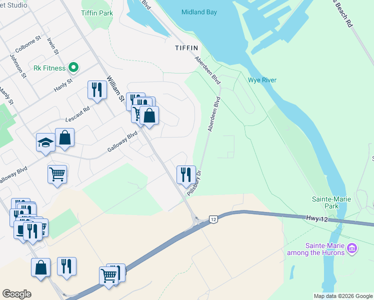 map of restaurants, bars, coffee shops, grocery stores, and more near 156 Southwinds Crescent in Midland