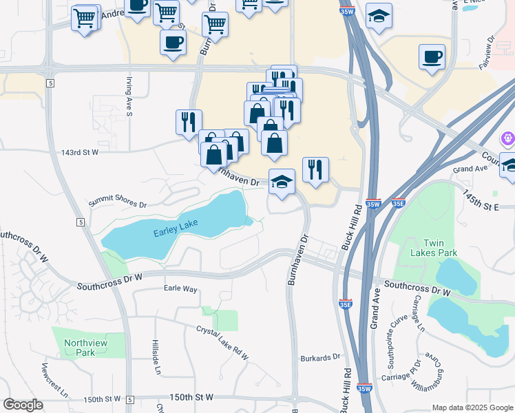 map of restaurants, bars, coffee shops, grocery stores, and more near 14500 Regent Lane in Burnsville