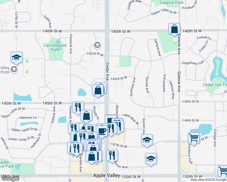 map of restaurants, bars, coffee shops, grocery stores, and more near 7372 143rd Street Court in Apple Valley