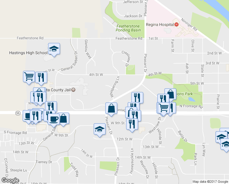map of restaurants, bars, coffee shops, grocery stores, and more near 619 Whispering Lane in Hastings