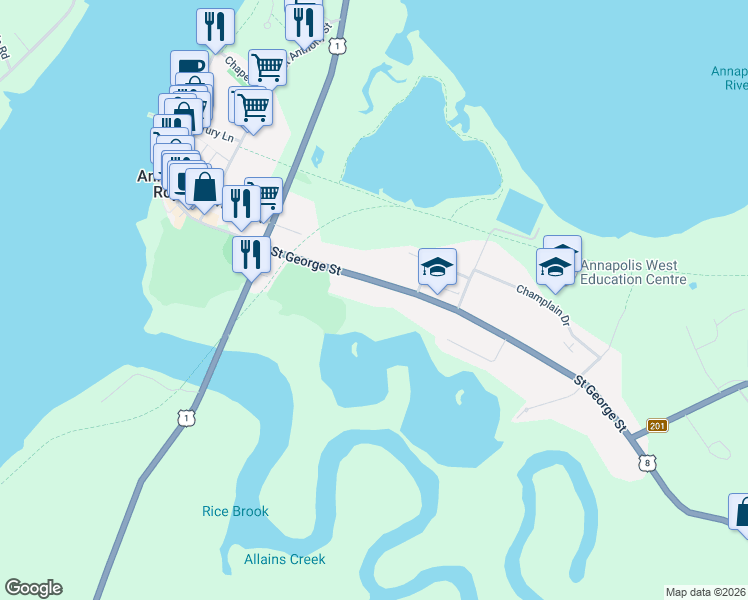 map of restaurants, bars, coffee shops, grocery stores, and more near 519 Saint George Street in Annapolis Royal