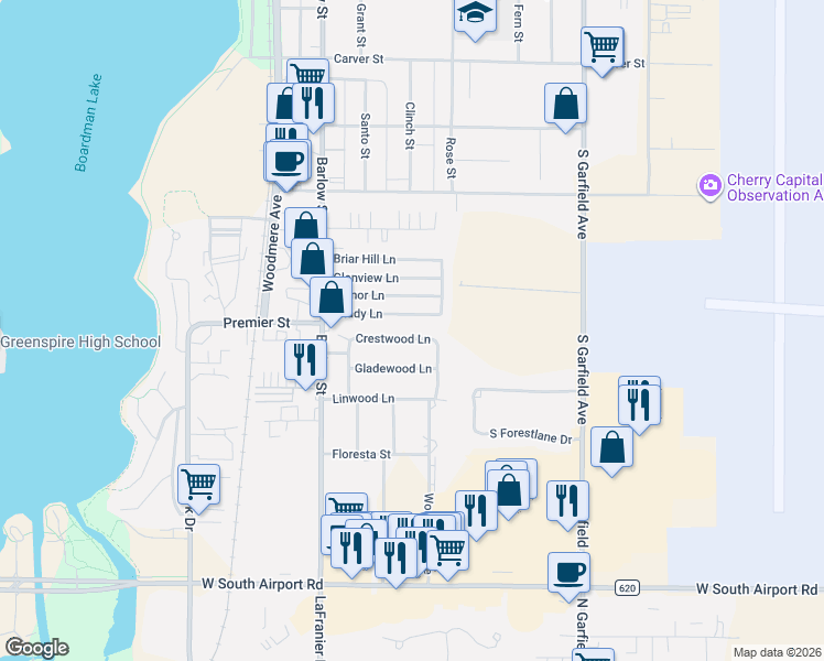 map of restaurants, bars, coffee shops, grocery stores, and more near 867 Crestwood Lane in Traverse City