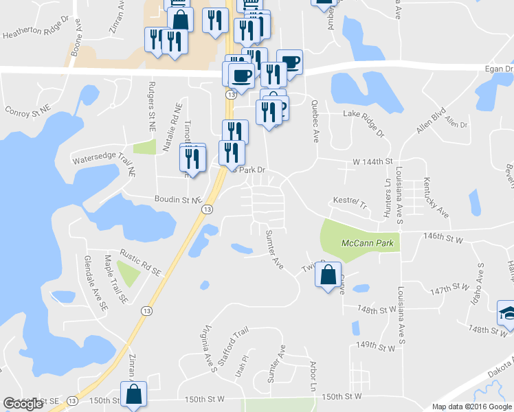map of restaurants, bars, coffee shops, grocery stores, and more near 7621 Parkridge Way in Savage