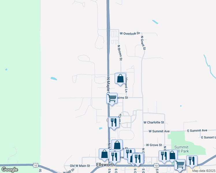 map of restaurants, bars, coffee shops, grocery stores, and more near 559 North Maple Street in Ellsworth