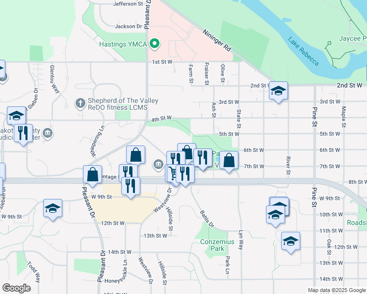 map of restaurants, bars, coffee shops, grocery stores, and more near 561 Westview Drive in Hastings