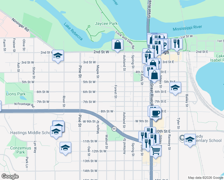 map of restaurants, bars, coffee shops, grocery stores, and more near 422 6th Street West in Hastings