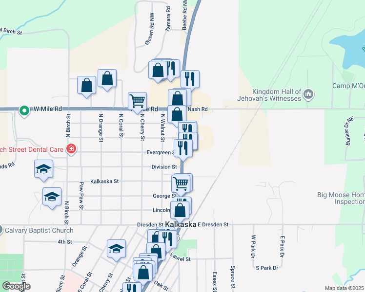 map of restaurants, bars, coffee shops, grocery stores, and more near 452 North Cedar Street in Kalkaska