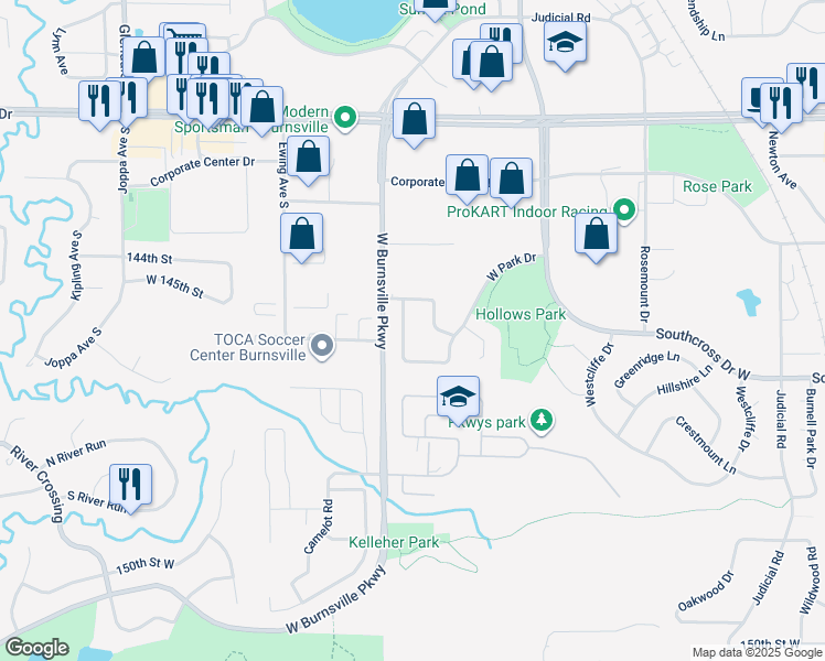 map of restaurants, bars, coffee shops, grocery stores, and more near 3412 West Park Drive in Burnsville