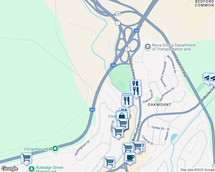 map of restaurants, bars, coffee shops, grocery stores, and more near 175 River Lane in Bedford