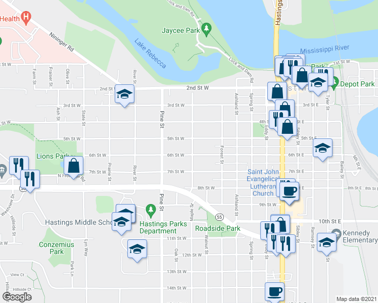 map of restaurants, bars, coffee shops, grocery stores, and more near 600 6th Street West in Hastings