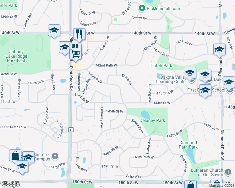 map of restaurants, bars, coffee shops, grocery stores, and more near 14379 Embry Path in Apple Valley