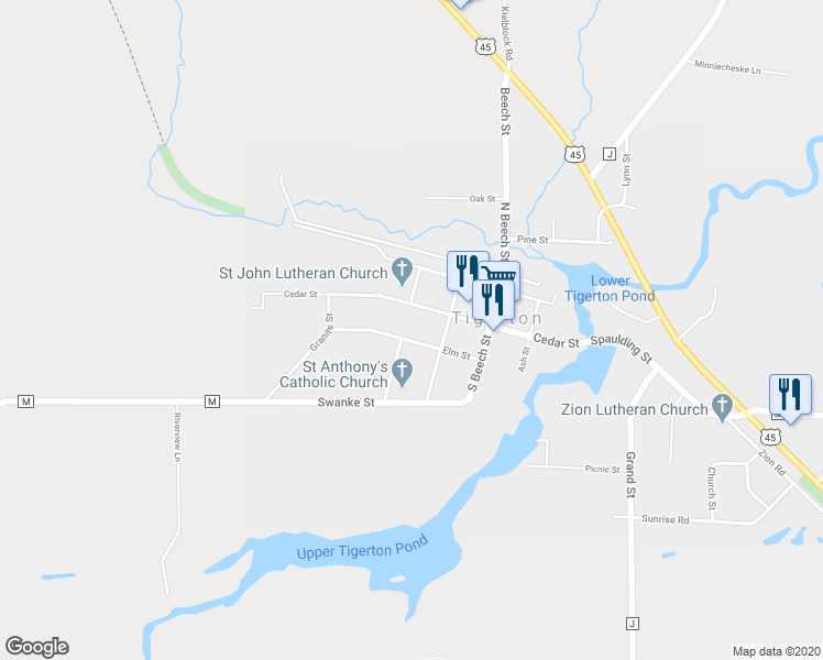 map of restaurants, bars, coffee shops, grocery stores, and more near 500 Elm St in Tigerton