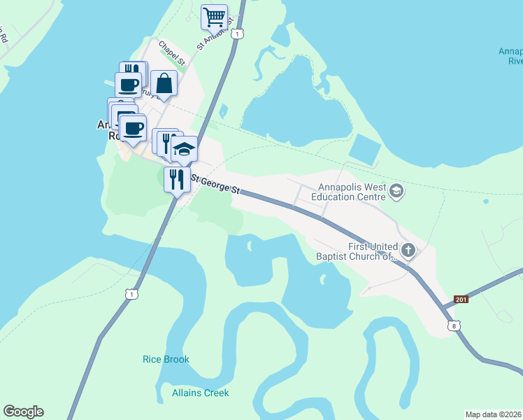 map of restaurants, bars, coffee shops, grocery stores, and more near 519 Saint George Street in Annapolis Royal