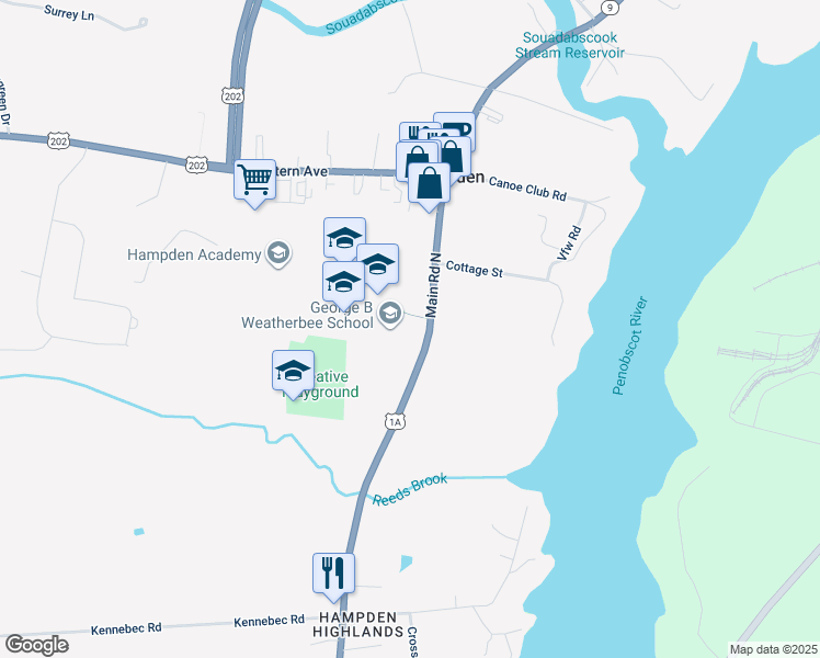 map of restaurants, bars, coffee shops, grocery stores, and more near 22 Main Road North in Hampden