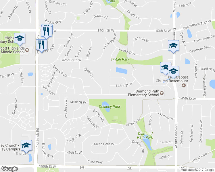 map of restaurants, bars, coffee shops, grocery stores, and more near 14325 Durning Avenue in Apple Valley