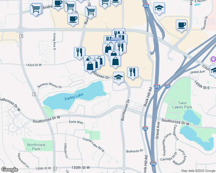 map of restaurants, bars, coffee shops, grocery stores, and more near 14500 Regent Lane in Burnsville