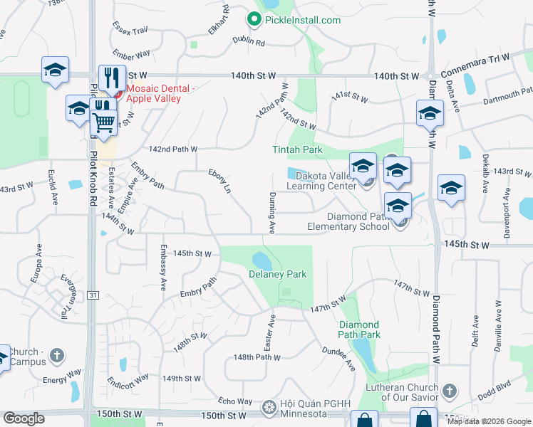 map of restaurants, bars, coffee shops, grocery stores, and more near 14325 Durning Avenue in Apple Valley