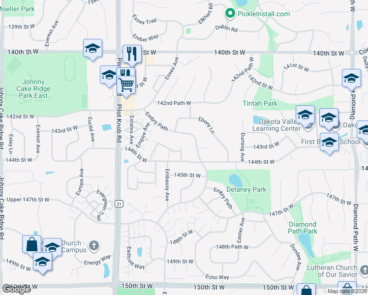 map of restaurants, bars, coffee shops, grocery stores, and more near 14329 Embassy Way in Apple Valley