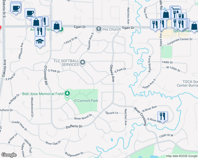 map of restaurants, bars, coffee shops, grocery stores, and more near 5088 South Park Drive in Savage