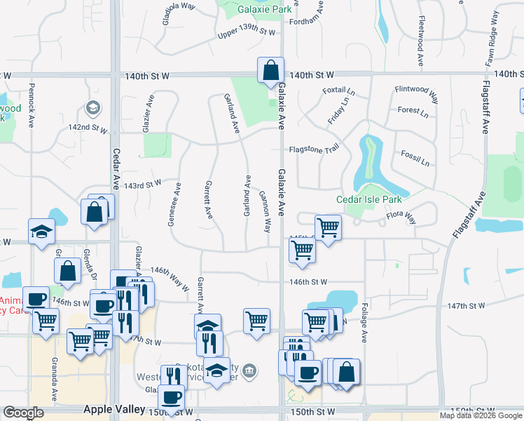 map of restaurants, bars, coffee shops, grocery stores, and more near 14391 Gannon Way in Apple Valley