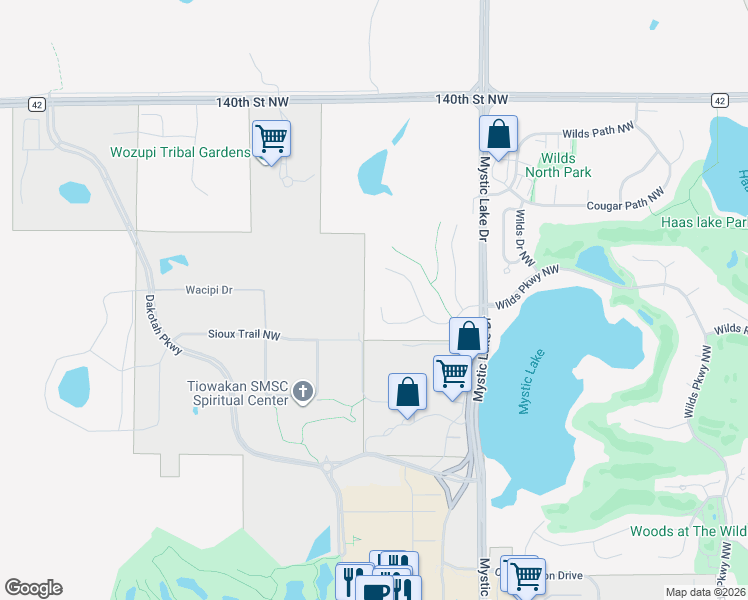 map of restaurants, bars, coffee shops, grocery stores, and more near 14422 Castlegate Way Northwest in Prior Lake