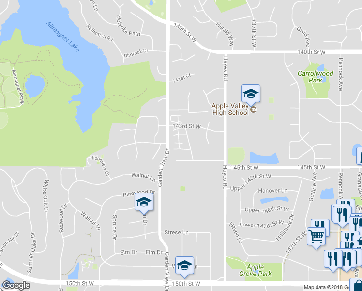 map of restaurants, bars, coffee shops, grocery stores, and more near 14370 Hickory Way in Apple Valley