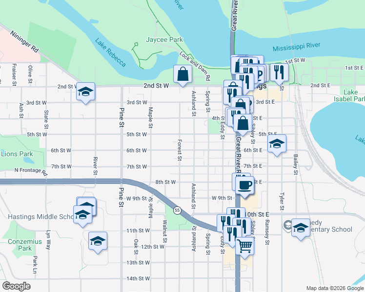 map of restaurants, bars, coffee shops, grocery stores, and more near 422 6th Street West in Hastings