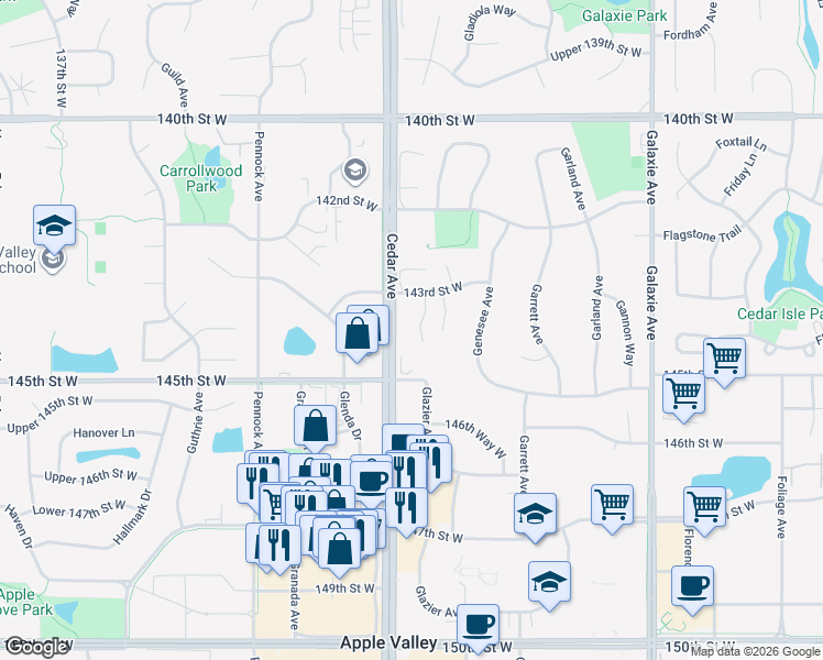 map of restaurants, bars, coffee shops, grocery stores, and more near 7372 143rd Street Court in Apple Valley