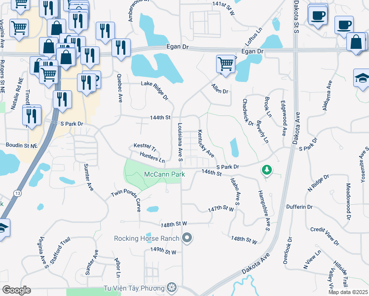 map of restaurants, bars, coffee shops, grocery stores, and more near 14548 Lockslie Trail in Savage