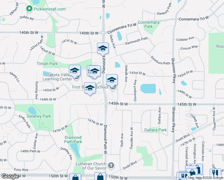 map of restaurants, bars, coffee shops, grocery stores, and more near 14400 Diamond Path West in Rosemount