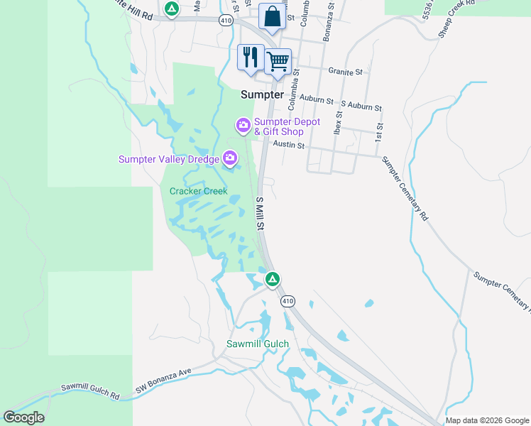 map of restaurants, bars, coffee shops, grocery stores, and more near 602 South Mill Street in Sumpter
