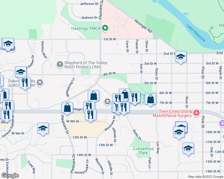 map of restaurants, bars, coffee shops, grocery stores, and more near 521 Westview Drive in Hastings