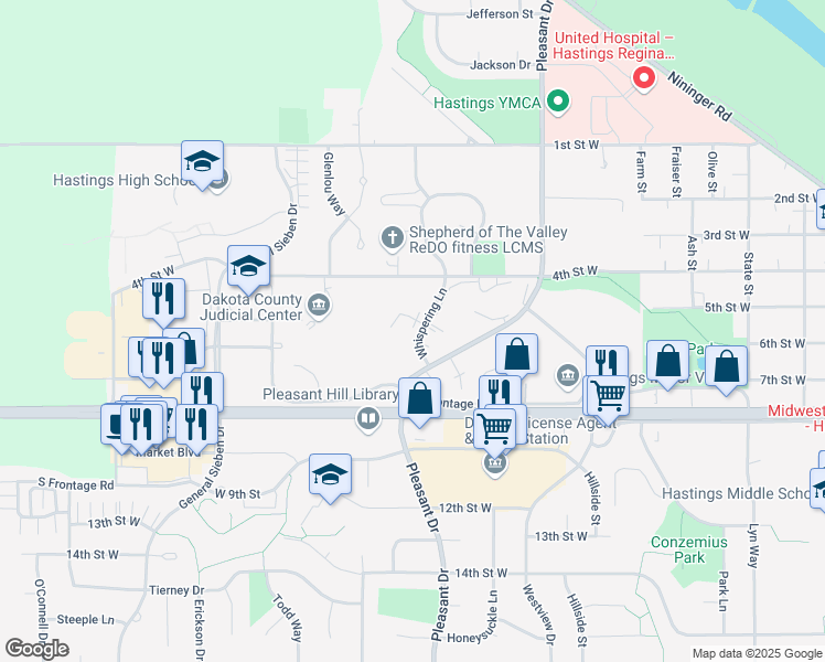 map of restaurants, bars, coffee shops, grocery stores, and more near 1465 Whispering Court in Hastings