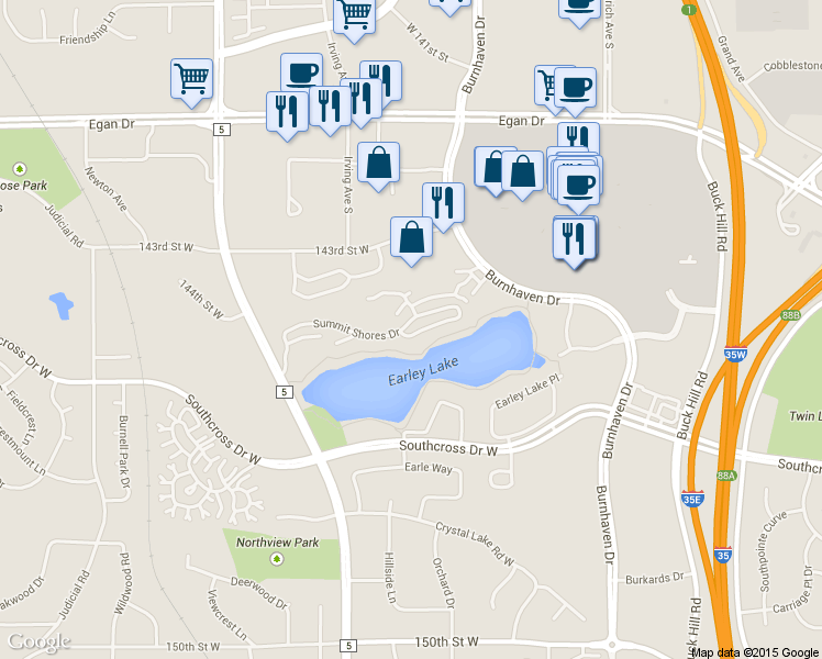 map of restaurants, bars, coffee shops, grocery stores, and more near 1420 Summit Shores Drive in Burnsville