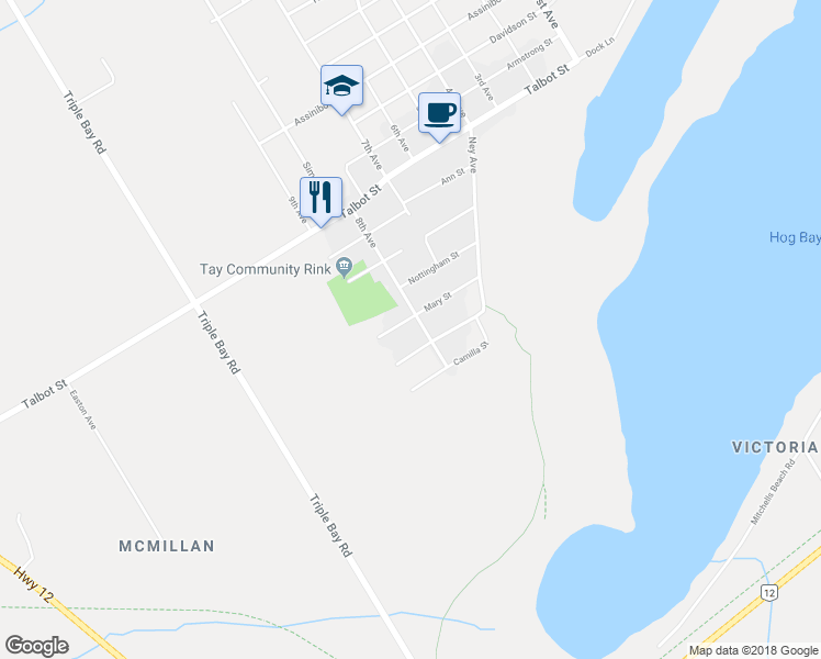 map of restaurants, bars, coffee shops, grocery stores, and more near 529 Mary Street in Port McNicoll
