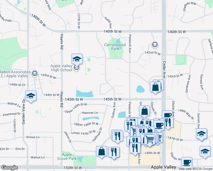 map of restaurants, bars, coffee shops, grocery stores, and more near 14403 Guthrie Way in Apple Valley