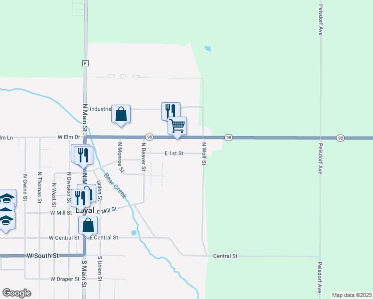 map of restaurants, bars, coffee shops, grocery stores, and more near 506 East 1st Street in Loyal