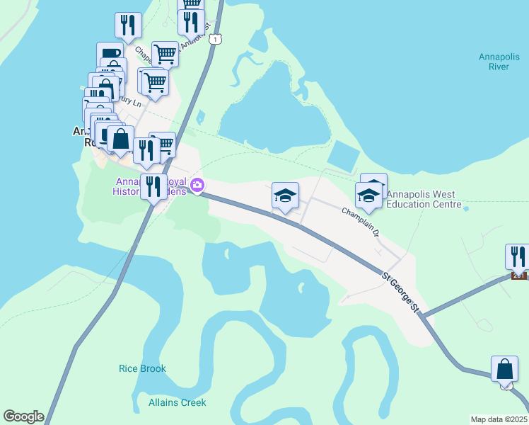 map of restaurants, bars, coffee shops, grocery stores, and more near 548 St George St in Annapolis Royal