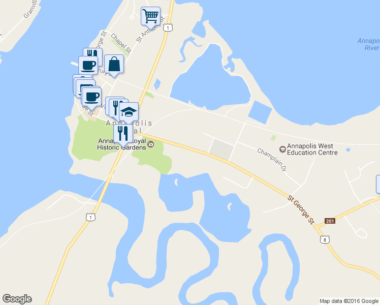 map of restaurants, bars, coffee shops, grocery stores, and more near 519 Saint George Street in Annapolis Royal