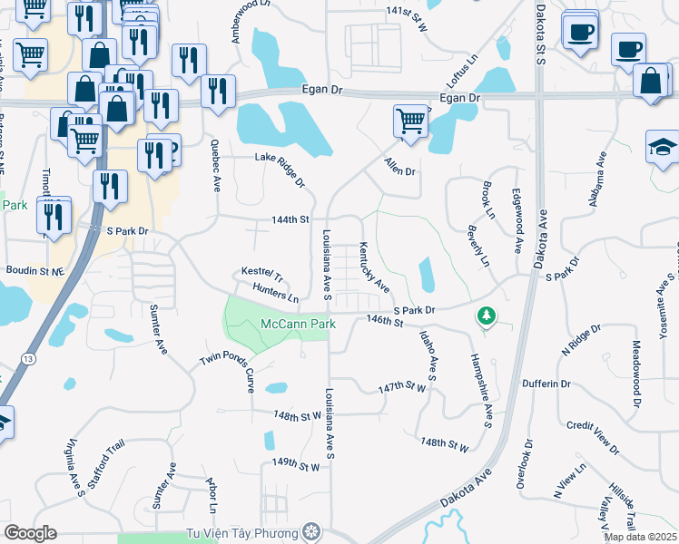 map of restaurants, bars, coffee shops, grocery stores, and more near 14548 Lockslie Trail in Savage