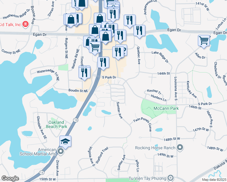 map of restaurants, bars, coffee shops, grocery stores, and more near 7621 Parkridge Way in Savage