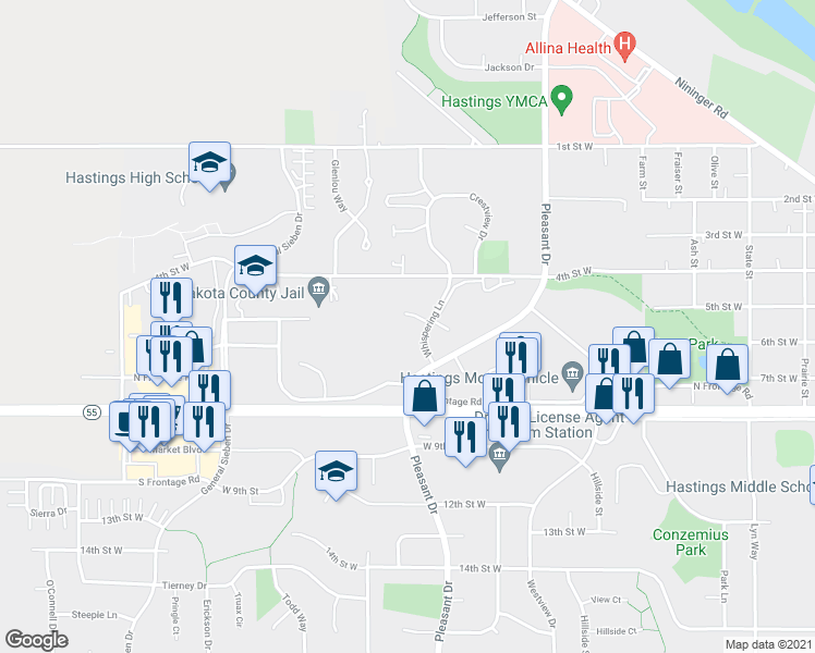 map of restaurants, bars, coffee shops, grocery stores, and more near 1465 Whispering Court in Hastings